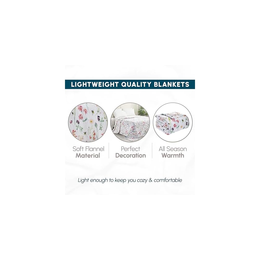 Ultra Soft Print Flannel Fleece Bed Blanket, Cozy-Fuzzy Lightweight Bedspread Coverlet, All Season Decorative Blanket for Couch, Sofa, Floral Design, Queen Size, Bloom