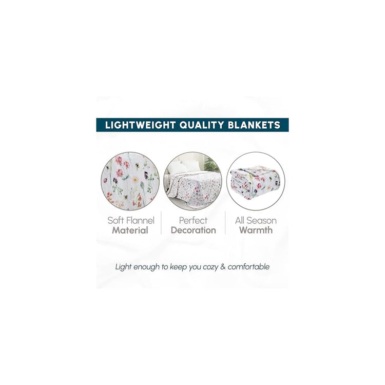Ultra Soft Print Flannel Fleece Bed Blanket, Cozy-Fuzzy Lightweight Bedspread Coverlet, All Season Decorative Blanket for Couch, Sofa, Floral Design, Queen Size, Bloom