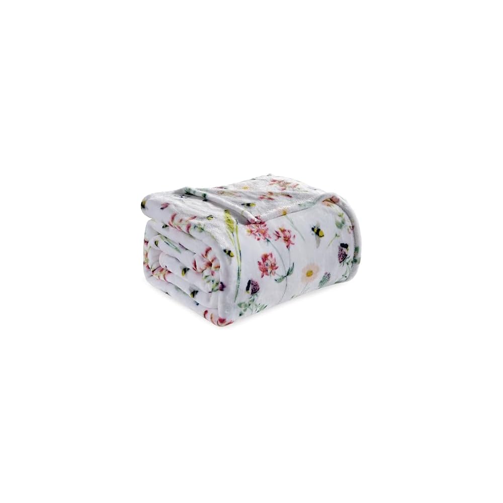 Ultra Soft Print Flannel Fleece Bed Blanket, Cozy-Fuzzy Lightweight Bedspread Coverlet, All Season Decorative Blanket for Couch, Sofa, Floral Design, Queen Size, Bloom