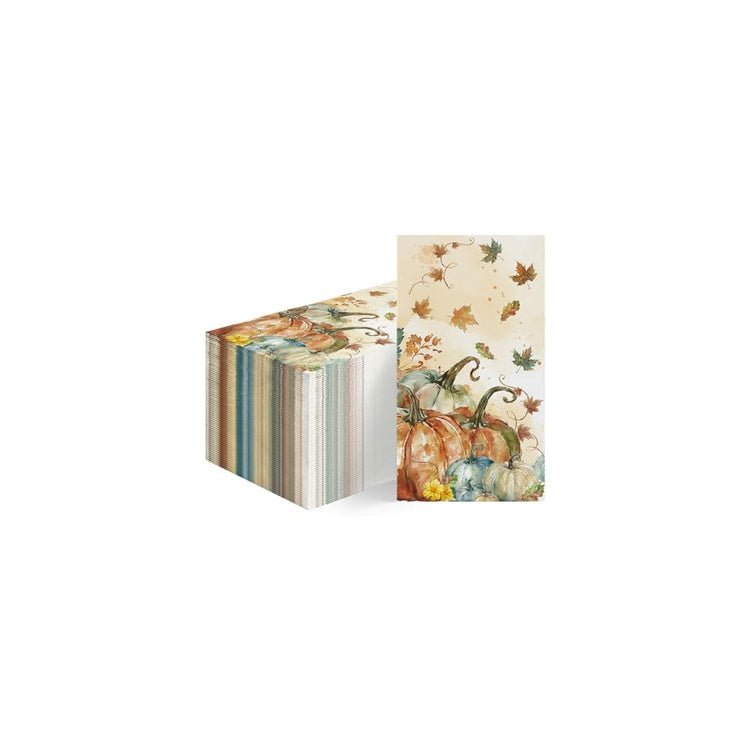 100Pcs Fall Paper Napkins, Harvest Orange Blue Pumpkin Leaves