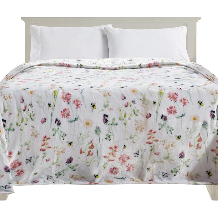 Ultra Soft Print Flannel Fleece Bed Blanket, Cozy-Fuzzy Lightweight Bedspread Coverlet, All Season Decorative Blanket for Couch, Sofa, Floral Design, Queen Size, Bloom