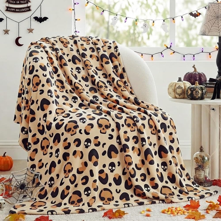 Halloween Throw Blanket Leopard Skull Flannel Blanket