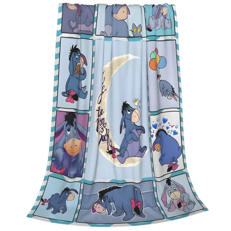 DISNEY CLASSIC Soft Flannel Throw Blanket Eeyore Winnie The Pooh Cartoon Grid Print Lightweight Cozy Fleece Blanket, I Love You to The Moon and Back Blue Donkey Pattern Warm Decor Blanket for Sofa Couch Bed Camping Kids Girls Women Birthday Holiday Gift